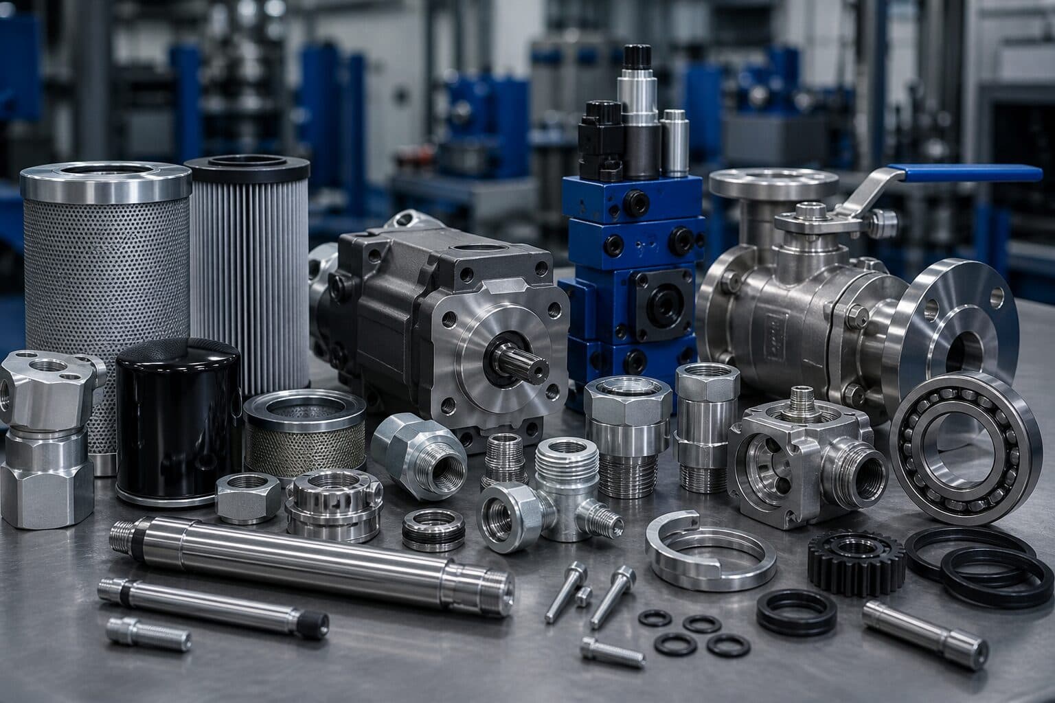 Industrial valves, pumps and spare parts on a workbench