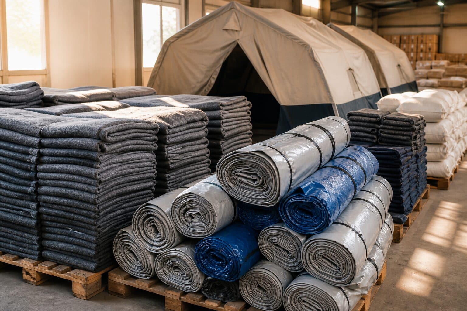 Humanitarian relief blankets, tarpaulins and tents ready for distribution