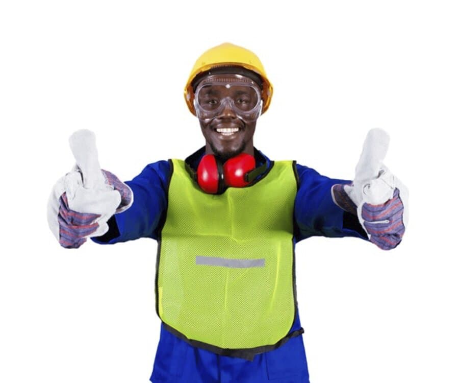Worker in full protective equipment giving a thumbs-up